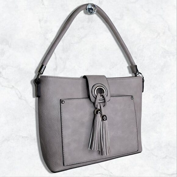 Grey Square Tassle Flap Closure Shoulder Bag - Picture 3 of 9